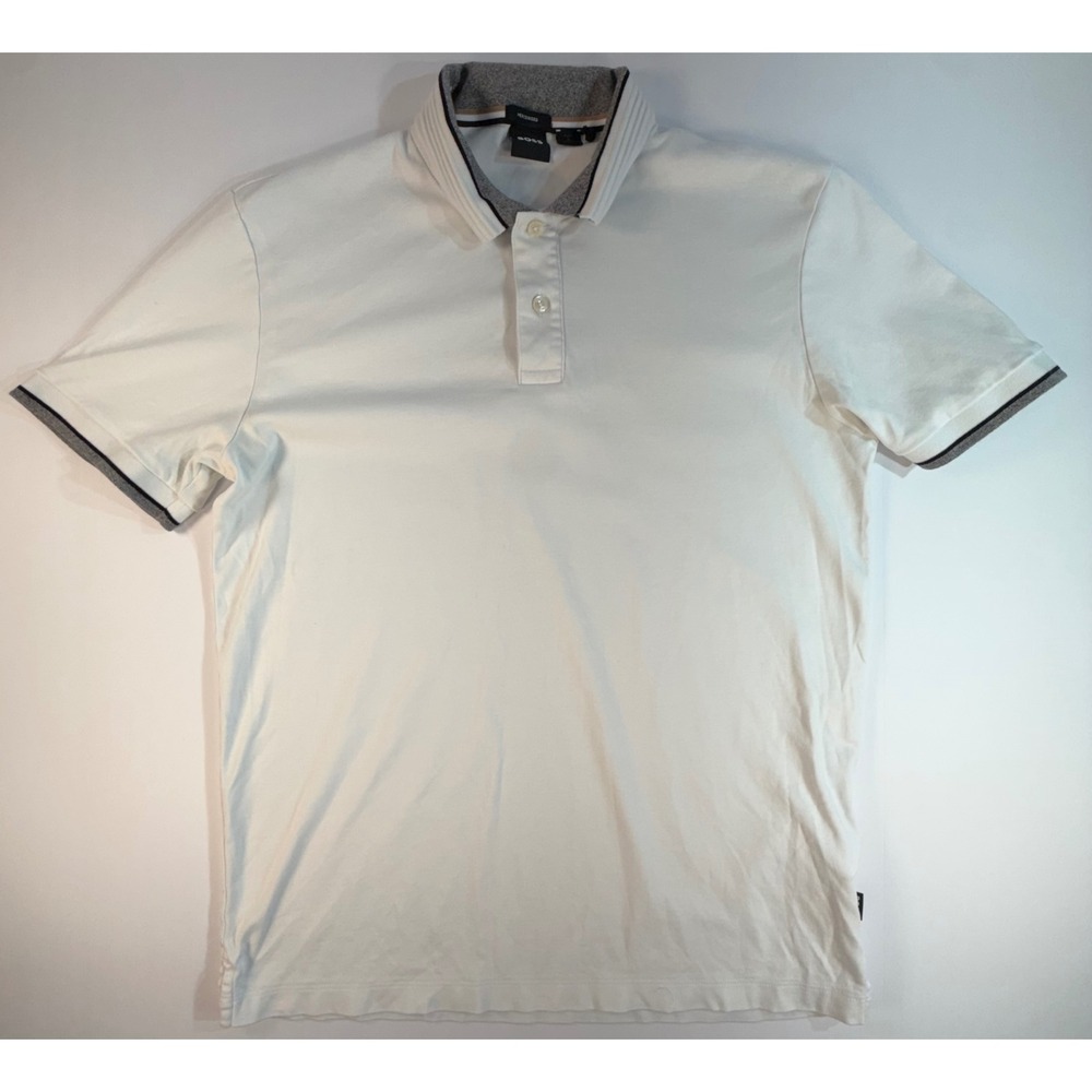 Hugo Boss Mercerised Cotton Polo Shirt White Grey Tipped Mens Medium